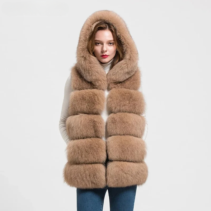 Women's natural fur hooded fox fur vest WG-5-row/70-hood - WGLUVF fur