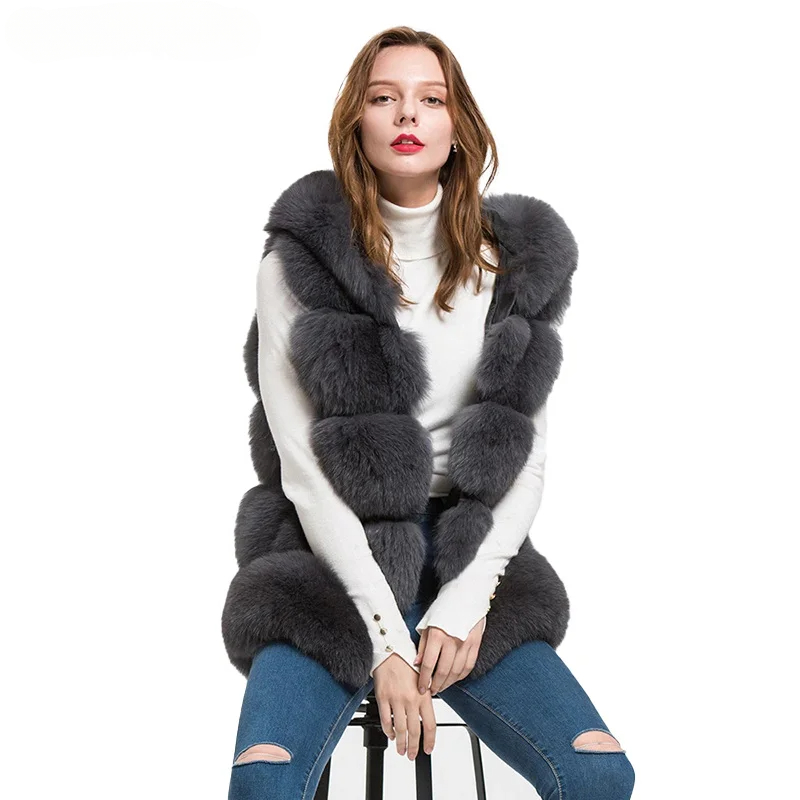 Women's natural fur hooded fox fur vest WG-5-row/70-hood - WGLUVF fur