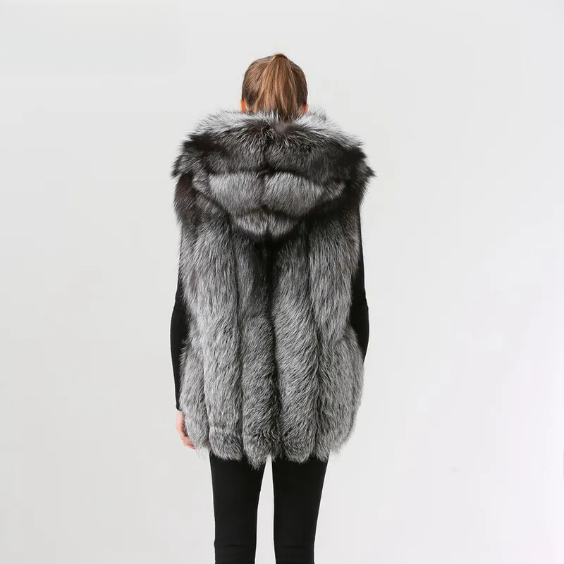 Women winter real fox fur vest fur hood gilet sliver fox fur coat - WGLUVF fur