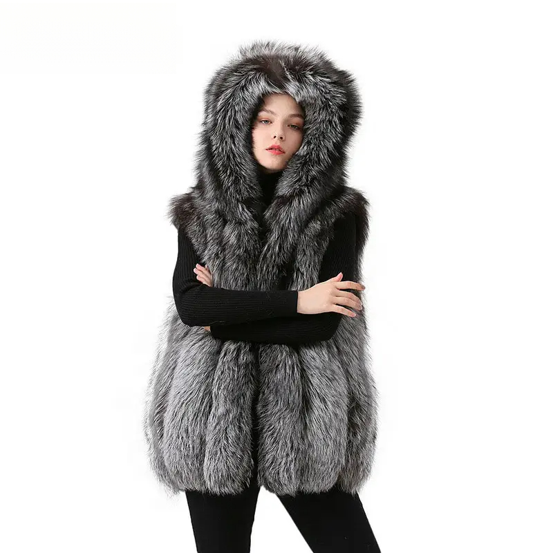 Women winter real fox fur vest fur hood gilet sliver fox fur coat - WGLUVF fur